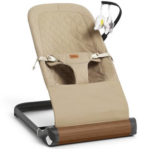 Foldable Baby Bouncer Seat - Portable Infant Bouncer with Adjustable Height, Khaki Polyester
