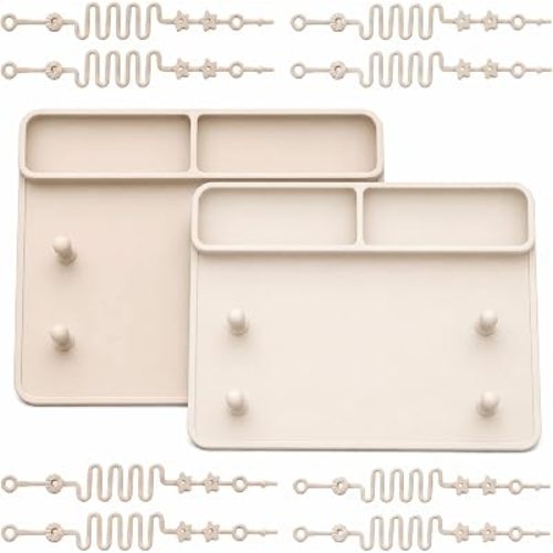 2 Pack Baby Silicone Mat with Suction Base & 8 Stretchable Straps, Lovbaby Baby Placemats, Portable Anti-Drop Activity Mat for High Chair & Table, Keeps Pacifiers & Toys Clean (Cream+Light Grey)
