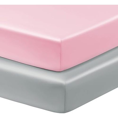 Horbaunal 2 Pack Satin Pack n Play Sheets for Baby with Sensitive Hair and Skin, Silky Mini Crib Sheets 38" x 24" x 5", Soft Playard Sheet Protector Baby Mattress Sheet, Blush Pink & Grey