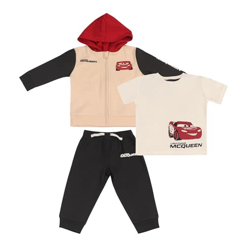 Magic Threadz Disney Clothes Baby Boy 3-Piece Set – Toy Story & Cars T-Shirt, Zip-Up Hoodie & Jogger Pants Set (12M–24M)