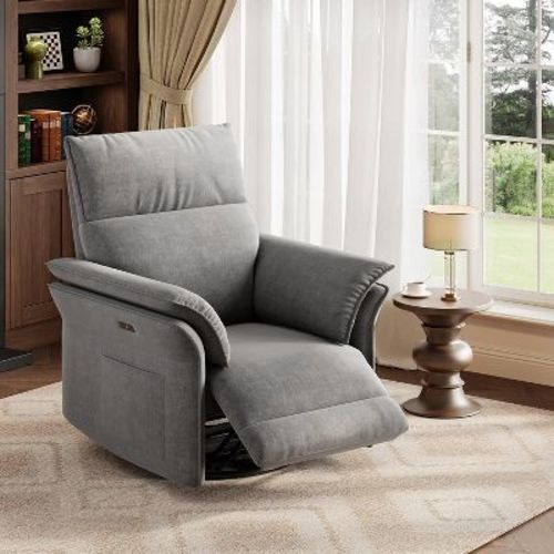 Recliner Chair, Swivel Rocker Chair with USB Charge Ports,Upholstered Chenille Fabric Glider Recliner Nursery Chair with Double-Layer Armrests,Gray