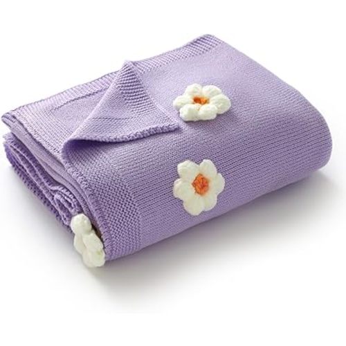 DovFanny Cotton Baby Blanket Soft Knitted Infant Swaddle Receving Crib Blanket with Cute Handmade Flowers