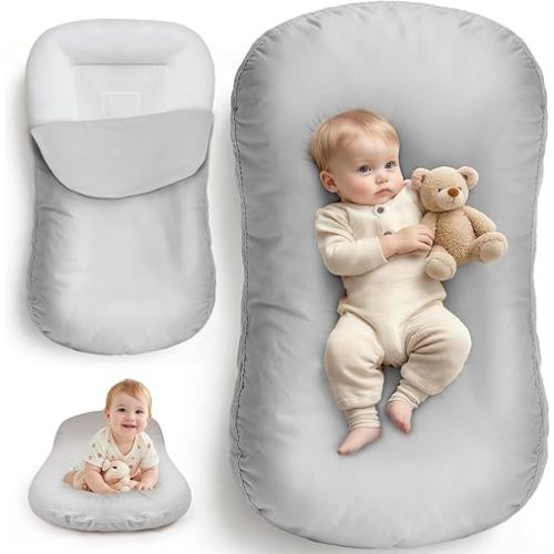 Newborn Lounger & Baby Nest – Essential Baby Registry Gift – XL Portable Infant Floor Cushion for Tummy Time Support – Machine Washable Cotton Cover (CPC Certified)