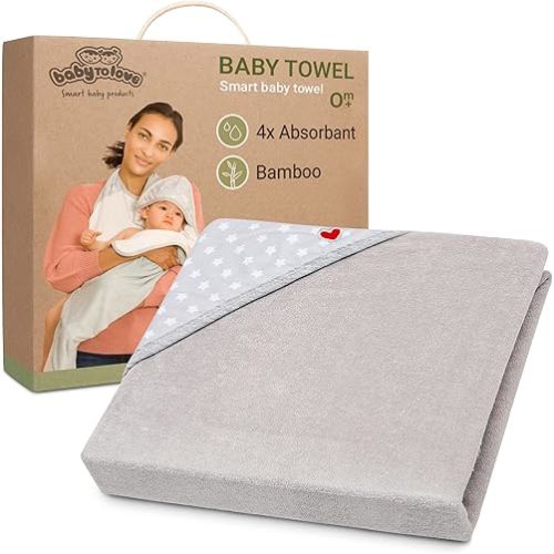BabyToLove Extra Large Smart Baby Towel | Oversized Hooded Towel for Newborns & Toddlers | Soft & Thick Bath Wrap | Stay Dry Loop and Hook Style | White Stars