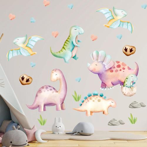 Pastel Dinosaur Wall Decals Peel and Stick, Cute Dino Nursery Decor, Baby Dinosaur Stickers, Watercolor Dinosaur Kids Room