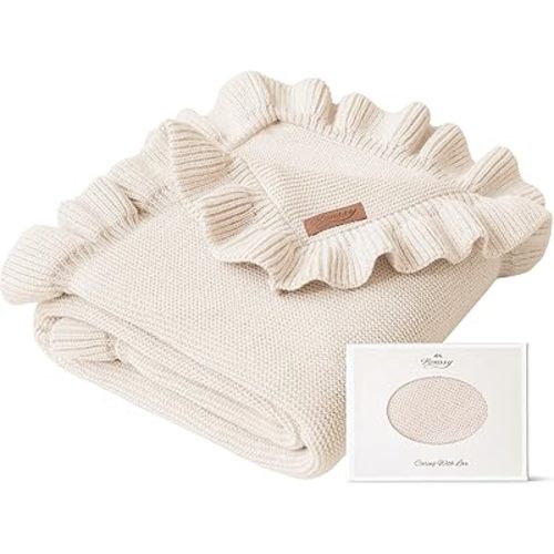 Konssy Knit Baby Blanket with Ruffle Edge, Ultra-Soft Receiving Baby Blankets for Girl, Boy, Nursery Swaddle Wrap for Newborns, Boho Stroller Cover & Registry Gift (Apricot)