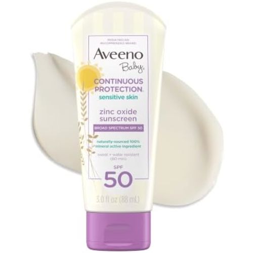 Aveeno Baby Continuous Protection Zinc Oxide SPF 50 Sunscreen for Babies with Sensitive Skin, Broad Spectrum Sun Protection, Tear-Free, Sweat- & Water-Resistant, No added Parabens, 3 Fl Oz