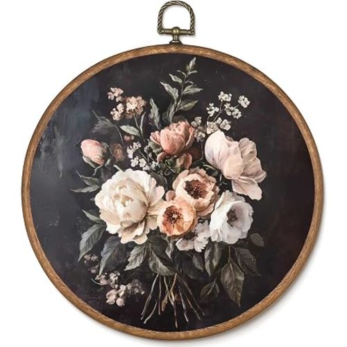 uniro Vintage Floral Framed Wall Art, Black Botanical Flower Round Wall Hanging Decor, Rustic Antique Cottagecore Art Prints Room Decor Bedroom Living Room Bathroom, 10x10 Inch