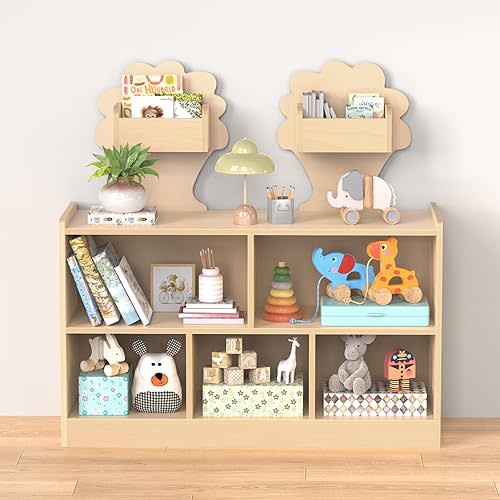 Montessori Shelf 5-Section Wooden Storage Cabinet with 2 Tree-Shaped Organizers, 2 Shelf Bookcase , Kids Classroom Organizer, Toddler Book Shelf for Kids Rooms, Playroom, Daycare and Preschool MB03