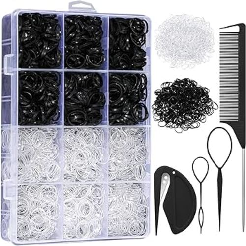 2200 Pcs Elastic Hair Bands with Hair Loop Styling Tool Set, Clear Mini Hair Bands and Black Elastic Hair Ties with Rubber Band Cutter Organizer Box Hair Accessories for Toddler Baby Girl Women