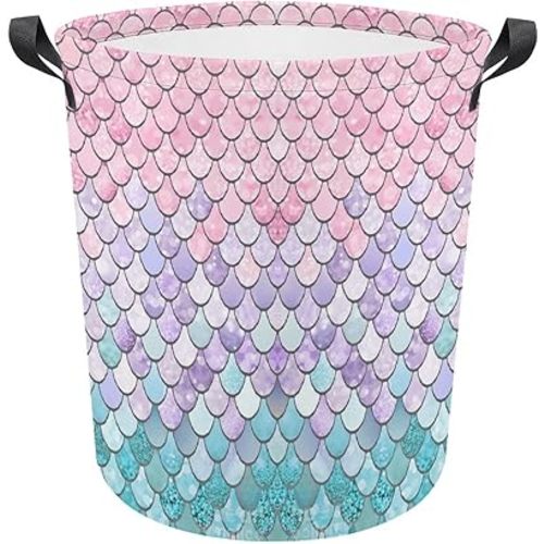 Lurhonp Collapsible Laundry Basket Mermaid Large Waterproof Laundry Bag Dirty Clothes Storage Basket Toys Organizer with Handles for Kids Room,Mermaid 02
