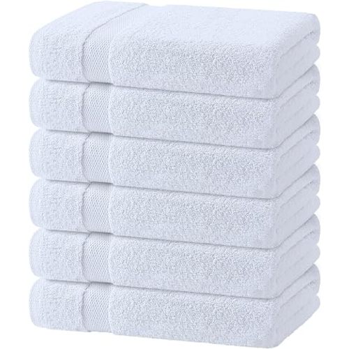 White Bath Towels 24x50 Inch, 6 Pack - Extra Absorbent Cotton Towel Set for Bathroom