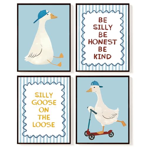 SkyCozy Funny Scooter Goose Nursery Wall Art Decor Set of 4 | Blue Goose Poster & Prints, Whimsical Animal Wall Art for Kids Toddler Boy Nursery Room Bedroom Decor, 12x16Inch (UNFRAMED)