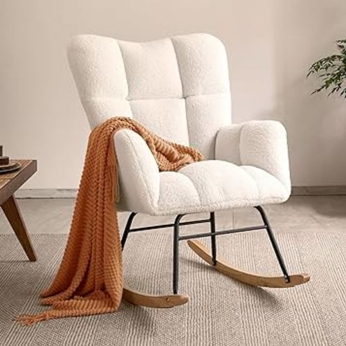 Virabit Rocking Chair Nursery,High Backrest Teddy Nursery Rocker, Modern Accent Recliner for Living Room, Bedroom, Cozy Reading,Beige