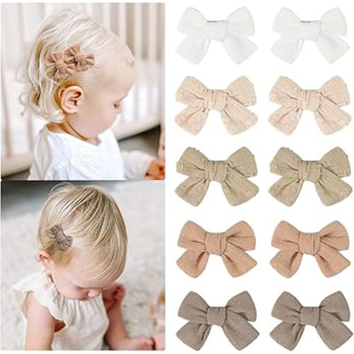 CÉLLOT 10 Pieces 2inch Girls Hair Bows Linen Fabric Bows Alligator Clips Hair Accessories for Baby Toddlers and Infants(5 Pairs Khaki Mini Bow)