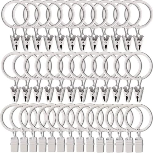 40 Pack White Curtain Rings with Clips, Curtain Hooks Hangers Clip Rings for Hanging Drapes Bows Hat, Drapery Rings 1.26 in I D, Fits up to 1 in Diameter Curtain Rod.