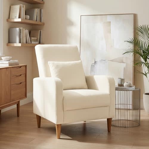 COLAMY Mid-Century Modern Upholstered Accent Chair with Back Pillow & Solid Wood Legs, Fabric Cozy Armchair for Living Room, Bedroom, Reading Nook, Apartment & Small Spaces, Beige