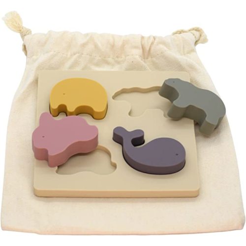 ROSIE BEE Silicone Animal Shape Puzzle Toy for Kids, Toddlers, Babies - Baby Teether Toys, Stacking, Nesting, Sorting, Blocks, Educational, Sensory, Bath, Travel, Gift, Montessori - with Bag (Beige)