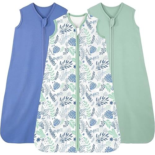 Baby Sleep Sack 0-6 months, 100% Cotton Sleeping Sack for Newborn and Infant, 3 Pack Baby Wearable Blanket, 0.5 Tog Lightweight Double Zipper Sleep Bag Blue Leaf