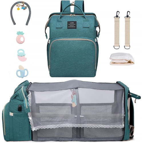 Diaper Bag Backpack, Multifunctional Baby Changing Bag with Foldable Crib & Insulated Milk Bottle Pockets, Large Capacity Portable Travel Backpack with USB Charging Port, Nappy Bag for MomsDads(Green)