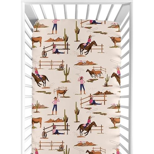 Sweet Jojo Designs Western Cowgirl Girl Baby Fitted Crib Sheet Infant Newborn Nursery Toddler Bed Room Standard Mattress Wild West Vintage Country Retro Animal Horse Southwest Beige Brown Pink Blue