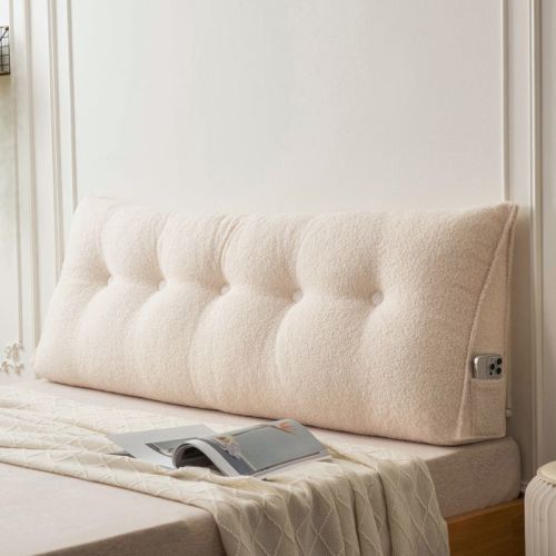 Bekrvio Teddy Velvet Headboard Pillow with Side Pocket, Soft Wedge Backrest Cushion with Removable Cover for Bed & Sofa,78.7”x7.9”x19.7”,Off White