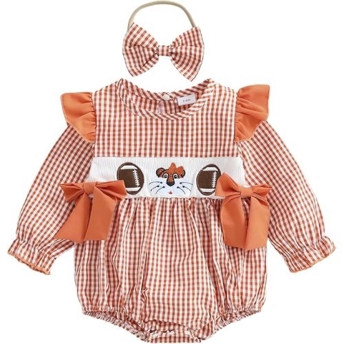 Baby Girl Football Smocked Outfit Plaid Rugby Animal Embroidered Crew Neck Long Sleeve Romper with Headband