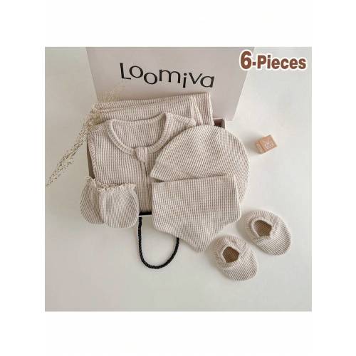 Loomiva Newborn Baby 6-Piece Set: Solid Color Romper, Bib, Mittens, Hat, Blanket, Booties | SHEIN USA