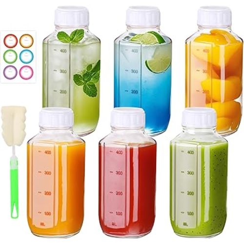 6 Pack 16oz Glass Juice Bottles with Lids, Reusable Milk Containers, Glass Drinking Jars for Juice, Bubble Tea, Smoothie, Tea, Kombucha