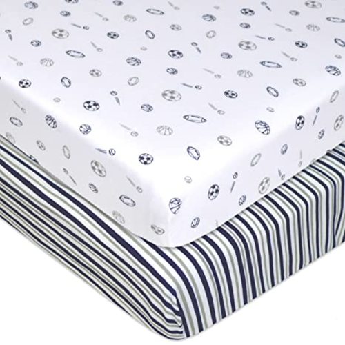American Baby Company 2 Pack 100% Natural Cotton Fitted Pack and Play Sheets 39" x 27" - Soft & Breathable Pack N Play Sheets for Playard & Mini Crib Mattress, Navy/Grey Sport Stripes, for Boy & Girl