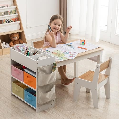 IKALIFE Kids Art Table and Chair - Toddler Craft Table and Chairs Set with 2 Chair & Bins, Large Storage Kids Activity Desk with Paper Roll for Playrooms & Classroom, 40" L x 20" W, Natural