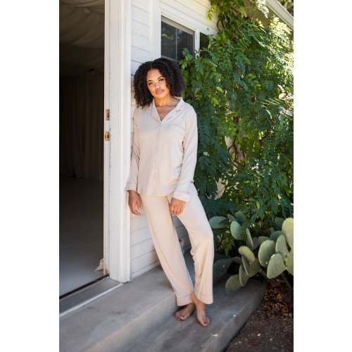 Long-Sleeved Women's Pajama Set in Bisque with Bisque Trim