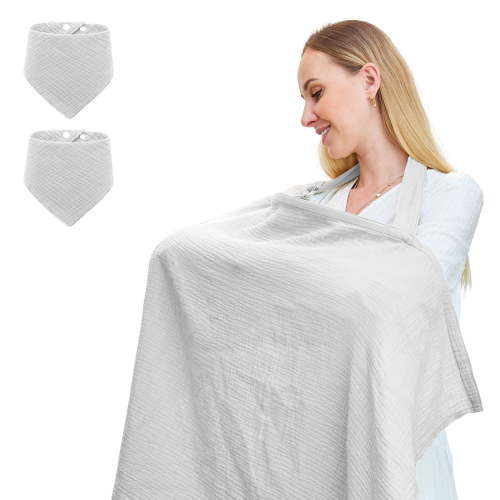Nursing Cover for Baby Breastfeeding,Breathable Cover with Rigid Hoop for Mother Nursing Apron, Multi-use Adjustable Privacy Nursing Apron Cover,Include Two Baby Bibs,Light Gray