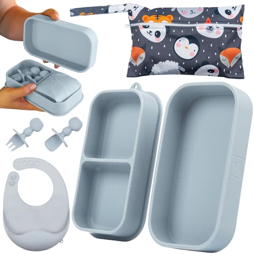 Travel Silicone Portable Feeding Supplies - Toddler Suction Plates, Silicone Baby Spoon & Fork, Lightweight Foldable Bib & Waterproof Storage Bag - 6 Piece Set