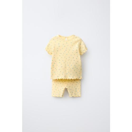 RIBBED FLORAL T-SHIRT AND BIKER SHORTS SET - Light yellow | ZARA United States