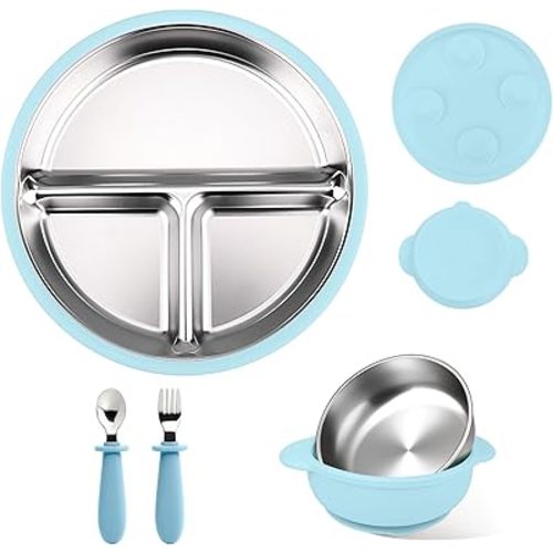Mity rain Stainless Steel & Silicone Toddler Plates and Bowls Set with Suction,5-Piece Suction Plates & Bowls for Toddler,Removable Shell,Silicones Baby Plates for Independent Eating(Light Blue)