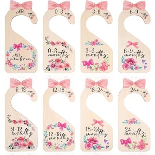 8 Pcs Baby Closet Dividers, Wooden Baby Girl Closet Dividers Organizers, Double-Sided Age Markings, Nursery Decor, Girls Wardrobe Organizer