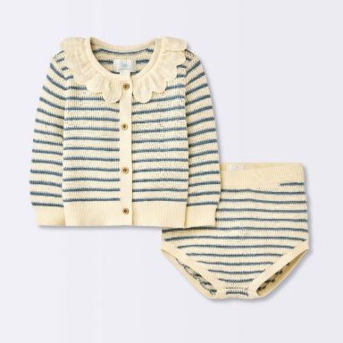 Baby Girls' 2pc Striped Peter Pan Collared Sweater Set - Cloud Island™ Blue 3-6M