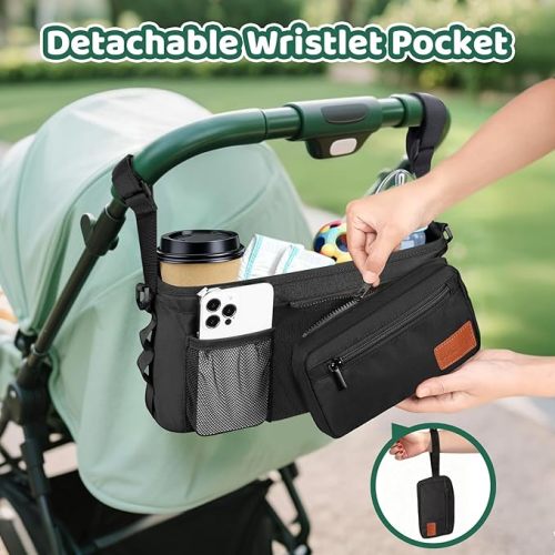 Guiseapue Universal Stroller Organizer with Cup Holder: Baby Essentials, Stroller Caddy Accessories with Detachable Phone Bag, Non-Slip Straps, Fits for Uppababy, Baby Jogger, New Moms Baby Gifts