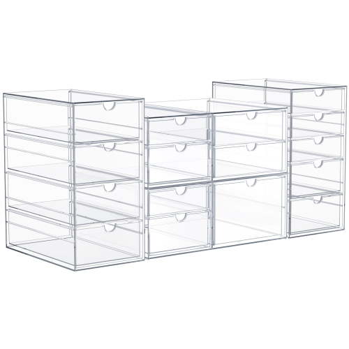 Sorbus Storage Organizers With 16 Drawers, Multipurpose Acrylic Drawers for Makeup, Office Organization and Storage, Art Supplies, Jewelry, Stationary - 4 Pcs Clear Stackable Storage Bins