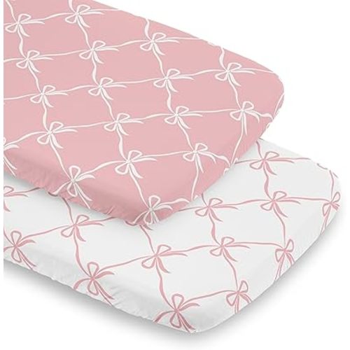 Sweet Jojo Designs 2-Piece Baby Bassinet Sheets Set (White/Pink Bows) for Girls, Infant Newborn Nursery, Oval, Rectangle & Hourglass Mattress (Blush Bow, Coquette, Shabby Chic, Vintage Ballet, Dancer)