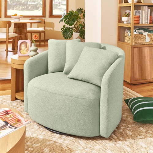 Free Shipping! Beautiful Sage Boucle Accent Chair with Swivel, Oversized Fabric Upholstery, Plush Pillows