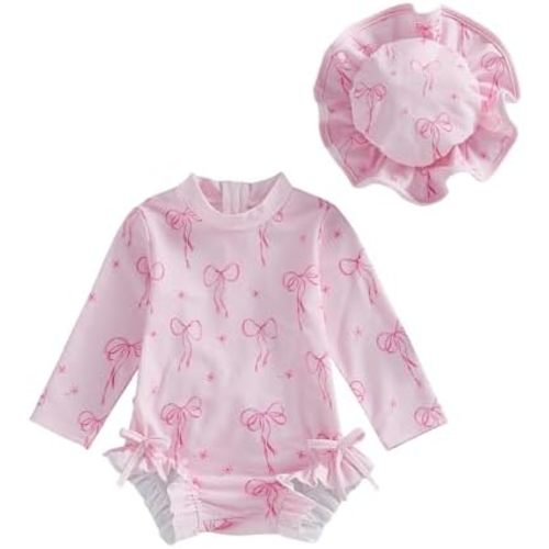 Toddler Baby Girl One Piece Swimsuit with Sun Hat Rash Guard Zipper Ruffle Bathing Suit Infant Swimwear 2PCS