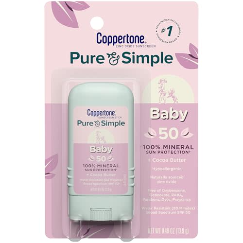 Coppertone Pure and Simple Baby Sunscreen Stick SPF 50, 0.49 OZ | Zinc Oxide Mineral Sunscreen for Baby with Cocoa Butter, Hypoallergenic, PABA, Oxybenzone, Octinoxate, Paraben and Dye Free