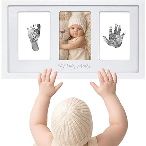 Felt Like Sharing My Tiny Prints Newborn Baby Handprint and Footprint Kit – Photo Keepsake Frame with Ink Pad for Baby Hand and Footprints – Sweet Valentines Day Gift & Decor – 17” L x 9.5” H (White)