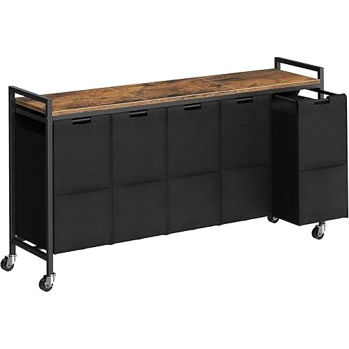 HOOBRO Laundry Sorter 5 Sections, Laundry Hamper with Wheels, 5 × 10.5 Gallon (40 L), Rolling Laundry Basket, Pull-Out and Removable Oxford Fabric Bags, Rustic Brown and Black BF07XY01