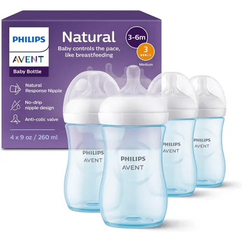 Philips Avent Natural Baby Bottles with Natural Response Nipples (Medium Flow, Flow 3), 9oz, Blue, 4-Pack, SCY903/24