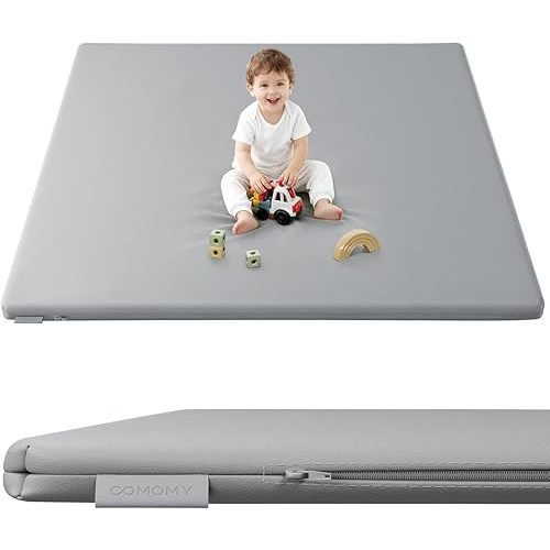 COMOMY Vegan Leather Baby Play Mats for Floor, 50 x 50 Play Mat for Playpen, Thickened High-Density Foam Playmats for Babies and Toddlers - Extra Soft and Resilient, Easy to Wipe Clean, Light Gray