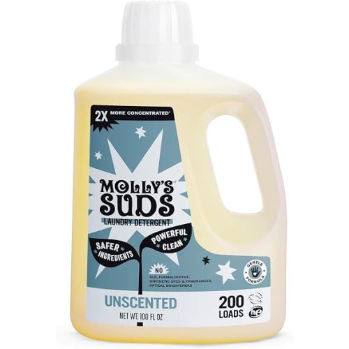 Molly's Suds Liquid Laundry Detergent | Clean Laundry Detergent Soap for Sensitive Skin | 2x Concentrated, High Efficiency (HE) (Unscented - 200 Loads)