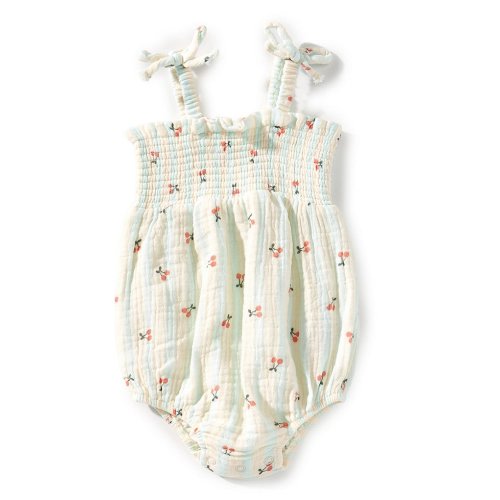 Angel Dear Baby Girls Cherry Stripe Tie Strap Smocked Romper